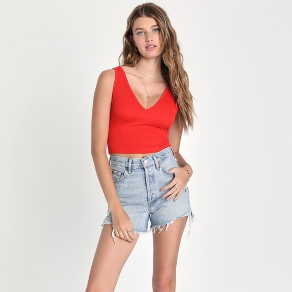 NWT LULUS Easygoing Excellence Red Ribbed Knit Ruched Tank Top coral small S - Picture 2 of 16